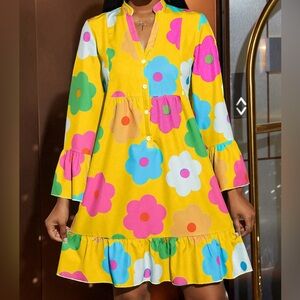 Spring Summer Casual Boho Dress With Floral Print And Notched Neckline Size 4 Sm